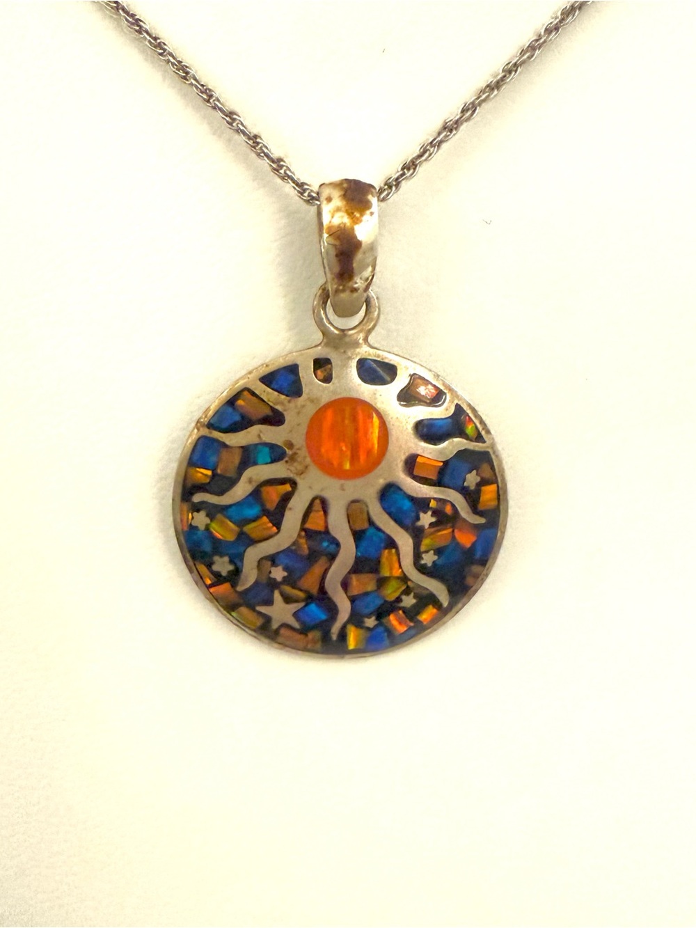 ATI 925 Mexico Sterling Silver Sun & Stars Opal Inlay Pendant Necklace Italy
